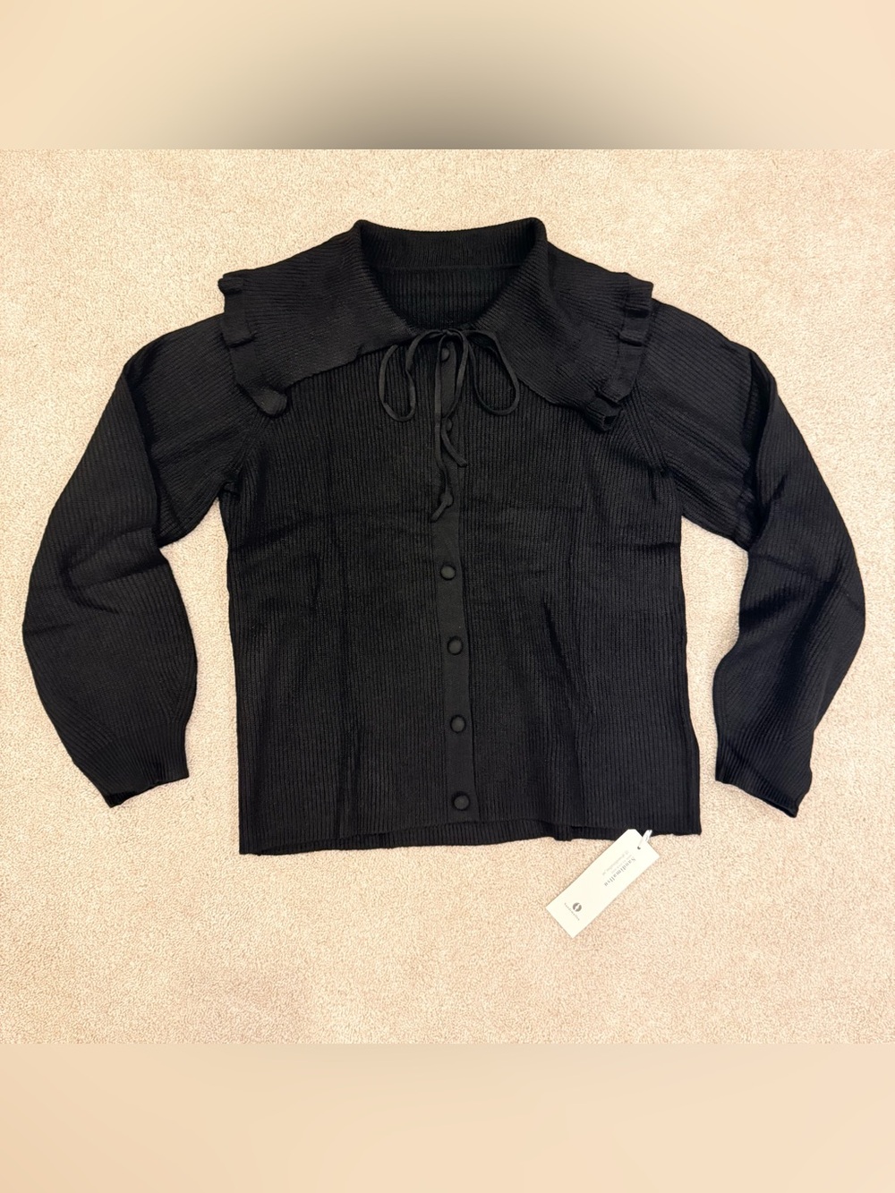 Black Ribbed Button Up Sweater Ruffled Collar Long Balloon Sleeve - NEW Medium
